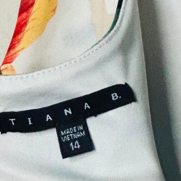 Tiana B Tan Pink Green White Floral Dress 14 Petite Sleeveless Fit Flare Zip - Picture 4 of 5